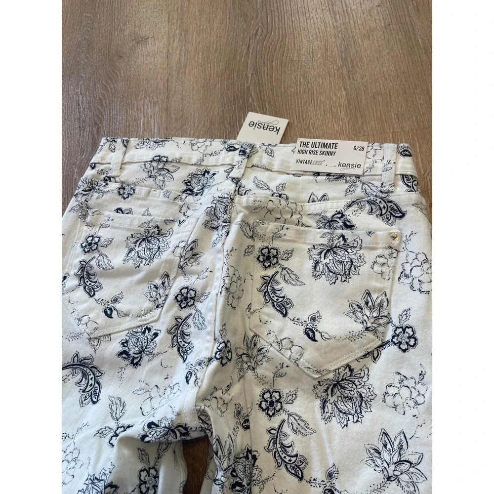 Kensie Jeans Womens 6/28 White Blue Floral High Rise Skinny Vintage Luxe NWT